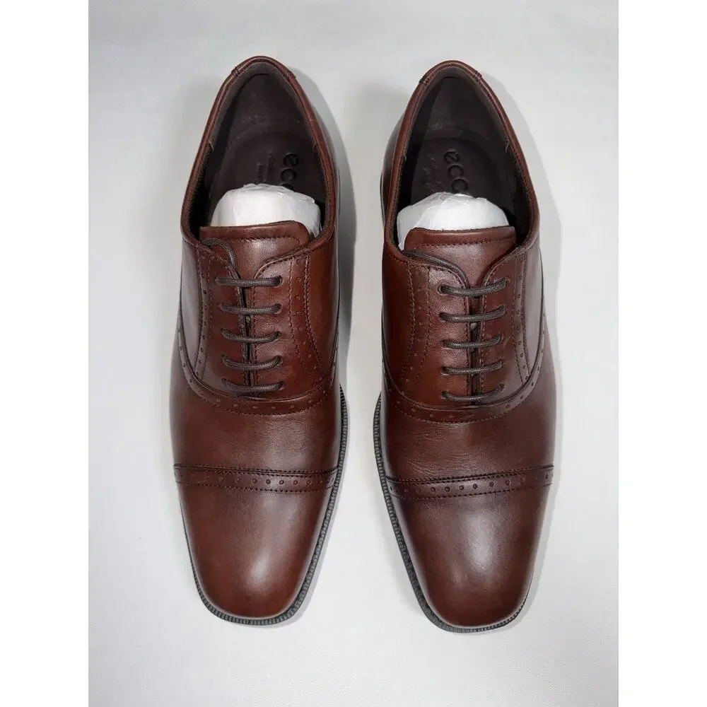 NWOT Ecco Men’s 8.5 Brown Leather Cap Toe Semi Brogue Oxford Lace Up Dress Shoes